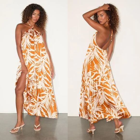Lulus‎ Dress Womens Small Orange Cream Kalena Maxi Halter Pleated Palm Tree Boho - Picture 2 of 15
